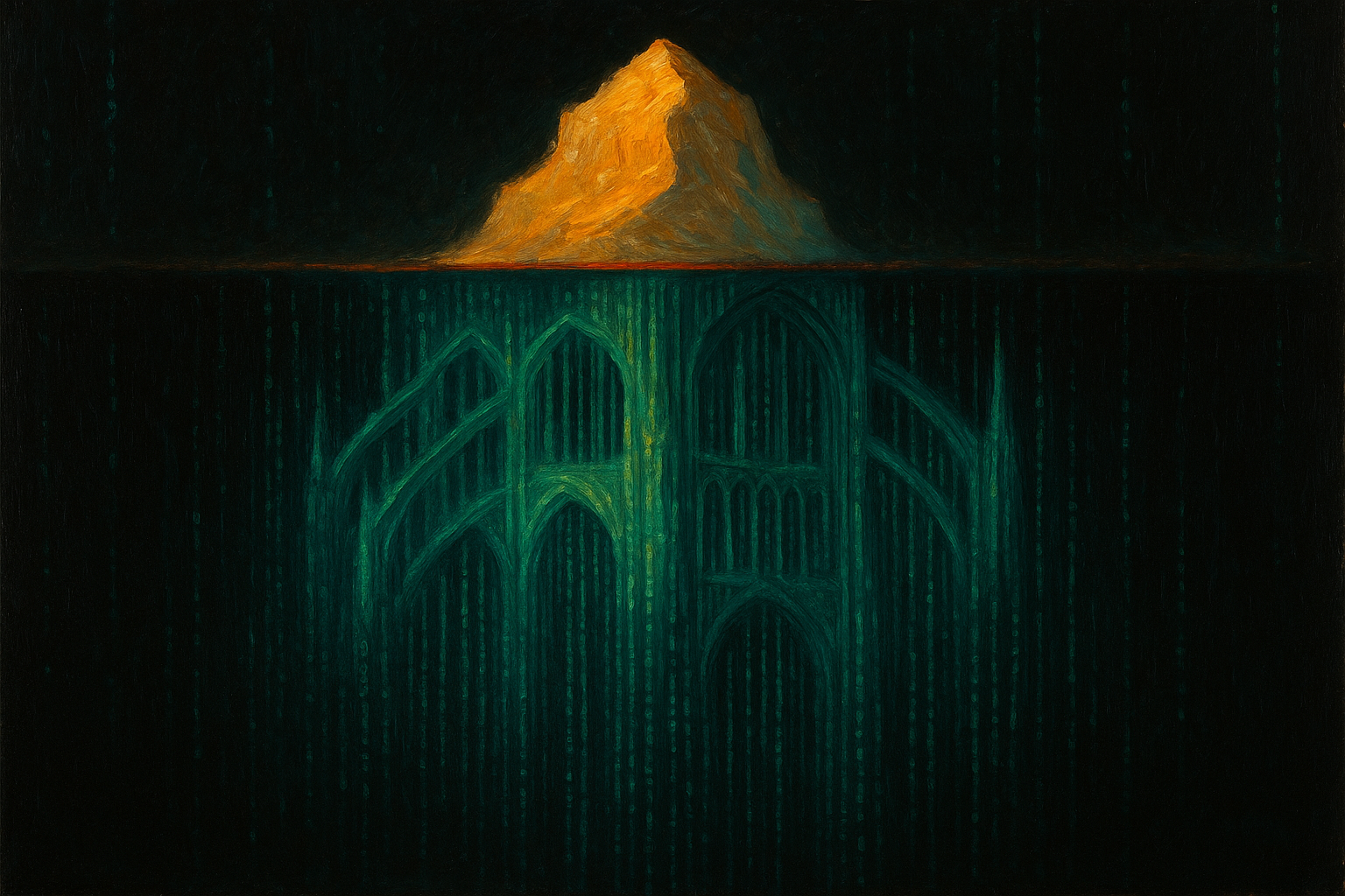 The AI ops layer — cinematic cross-section showing a polished AI feature surface resting on an illuminated infrastructure substrate of evaluation, verification, state, and observability components against a dark background